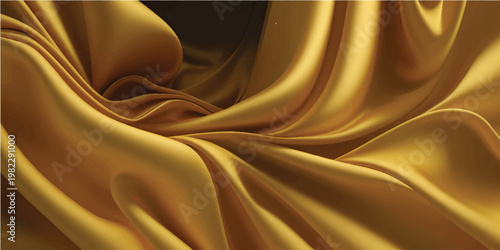 Soft golden silk fabric with flowing drapery and shiny surface, abstract luxury background with folds and highlights, close up texture