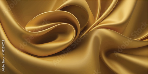 Soft golden silk fabric with flowing drapery and shiny surface, abstract luxury background with folds and highlights, close up texture