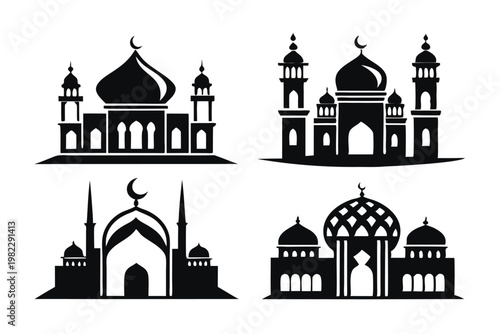 islamic mosque silhouette line art vector illustration with a white background