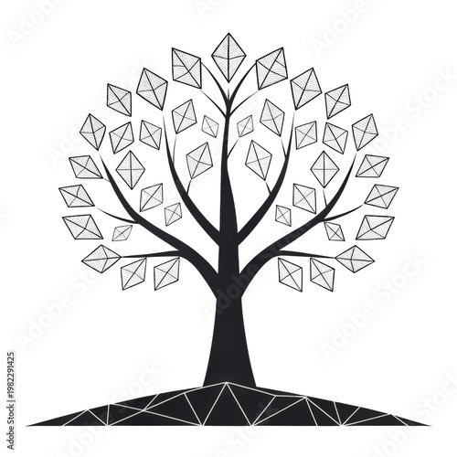 Stylized black tree with diamond leaves, geometric abstract design on gray checkered background.