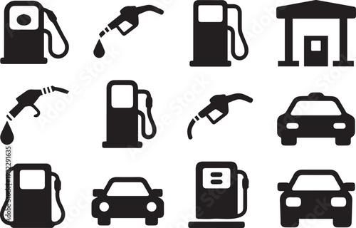 Gas station pump and car silhouette icons representing fuel service stations transportation and automotive energy needs for industry design