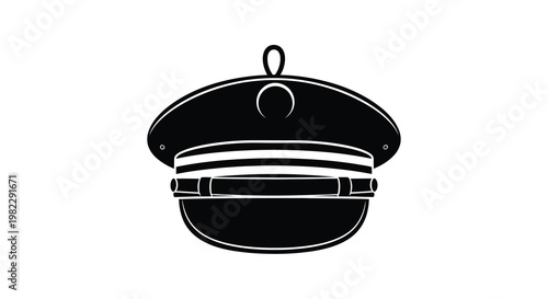 A stark black and white silhouette depicts a classic peaked cap commonly associated with uniforms