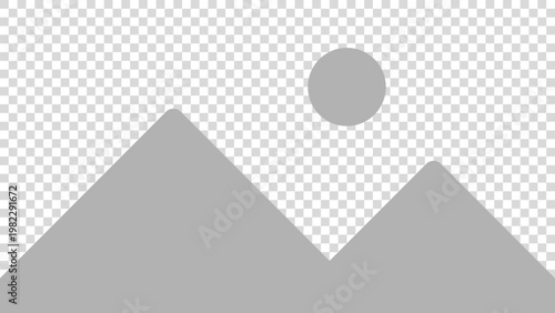 Neutral gray photo placeholder icon with mountain landscape and sun on transparent checkerboard background. Minimal vector template for missing image, gallery preview, upload empty state UI.