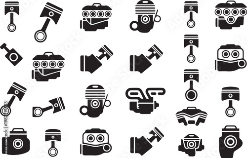 Set of bold black silhouette icons depicting car engine parts piston engine blocks and internal combustion engine components