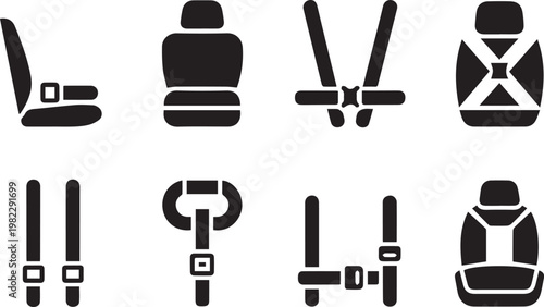 Set of car seat and belt vector icons, collection of simple monochrome symbols representing vehicle safety restraints