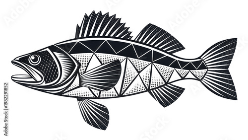 Black fish with geometric pattern, stylized aquatic animal vector on gray checkered background.