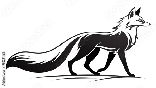 Black fox silhouette walking in profile on gray checkered background, stylized wild animal vector.