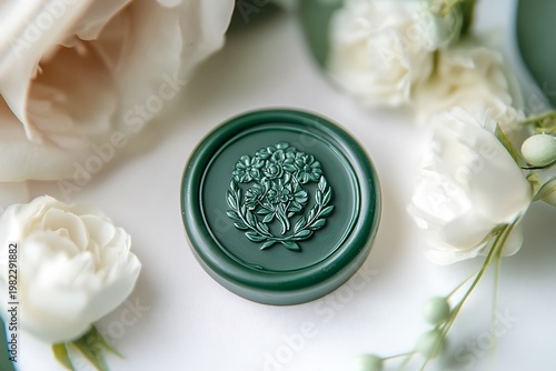 An emerald green wax seal featuring a floral wreath stamp, cleanly centered on white 