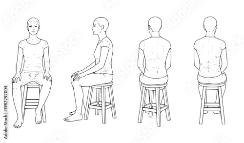 Sitting person stool vector study set black white multi angle illustration