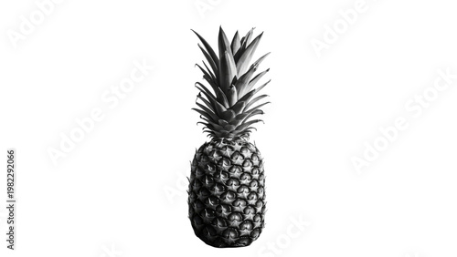 Fresh whole ripe tropical pineapple fruit standing upright in black and white.