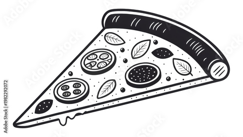 Fresh pizza slice line drawing with tomato and basil toppings on transparent background art.