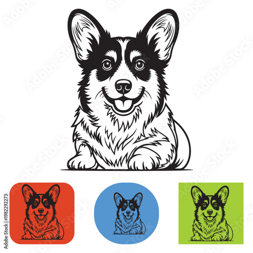 Corgi dog vector illustration, black and white welsh corgi mascot, cute puppy line art icons for pet branding and stickers