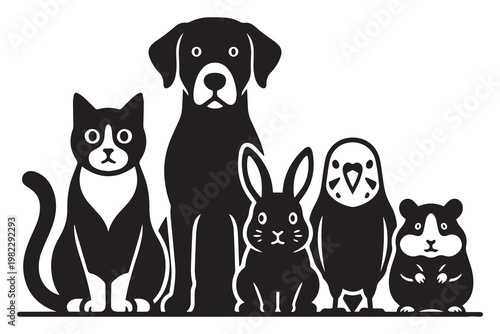Minimalist domestic pet silhouettes vector, black and white animal group including dog cat rabbit bird and hamster, veterinary clinic logo icons