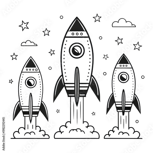 Retro rocket ships launching into space with stars and clouds in black and white line art.