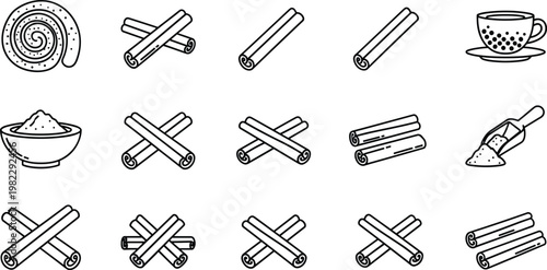 Cinnamon Stick, Powder, and Spice Icons Set with Cinnamon Roll, Cup, and Bowl for Baking and Cooking Themes