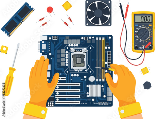 Computer motherboard repair process with tools, electronic components and technician hands, hardware maintenance concept, technology vector illustration