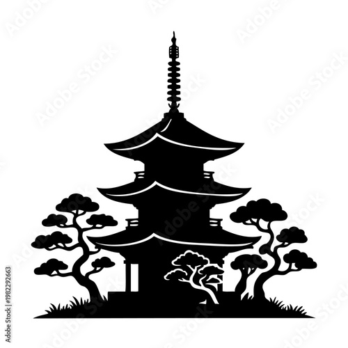 black silhouette of japanese pagoda with trees