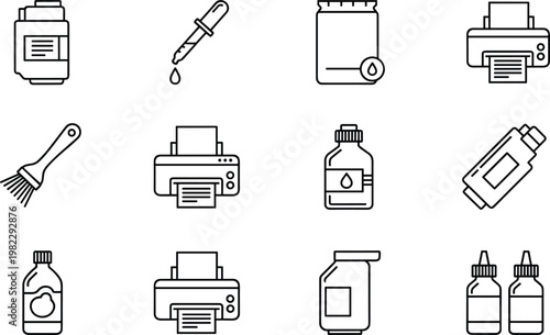 Printer Ink, Bottle, and Droplet Icons Set with Printer, Ink Bottles, and Accessories for Office Equipment and Printing Services
