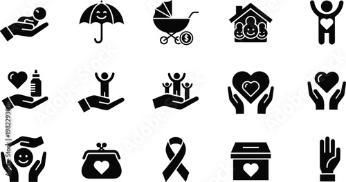 Charity and Support Icons with Hands, Heart, Family, Donation Box, and Health-Related Symbols for Social Causes