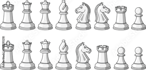 Chess Pieces Set in Gray Color with King, Queen, Bishop, Knight, Rook, and Pawn for Strategy Game Illustrations