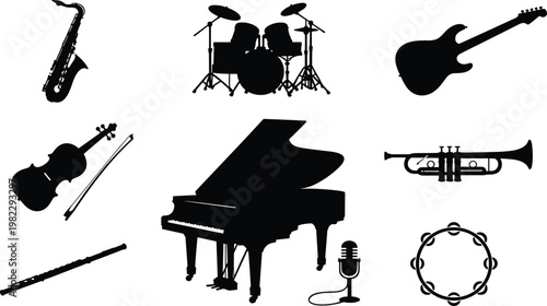 Musical instruments set with black silhouette icons of saxophone drums guitar violin piano trumpet flute microphone and tambourine for entertainment,