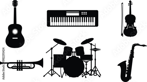 Musical instruments set with black silhouette icons of acoustic guitar digital keyboard violin trumpet drums and saxophone for music and entertainment,