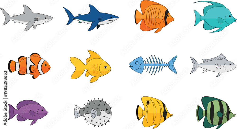 Fototapeta premium Fish and Marine Life Icons Set with Shark, Clownfish, Pufferfish, and Tropical Fish for Ocean and Wildlife Themes