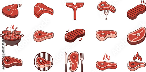Grilled Steak and BBQ Meat Icons Set with Cuts, Cooking Tools, Flames, and Grilling for Meat Lovers and Culinary Themes