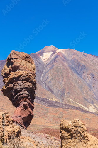 View of Teide volcano and Roque Cinchado on Tenerife island, Canary islands, Spain