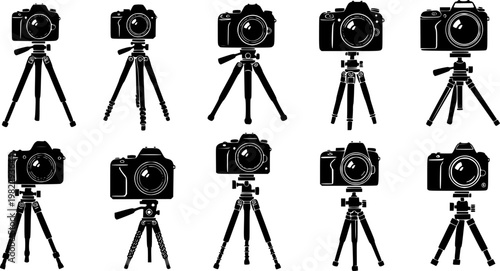 Eight black camera silhouettes on diverse tripods, showcasing unique spiral and angular leg designs, a modern flat, isolated on white background
