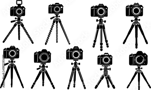 Eight black camera silhouettes on diverse tripods, showcasing unique spiral and angular leg designs, a modern flat, isolated on white background
