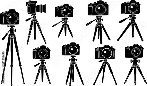 Eight black camera silhouettes on diverse tripods, showcasing unique spiral and angular leg designs, a modern flat, isolated on white background
