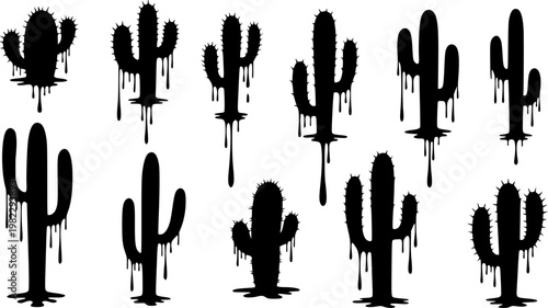 Collection of stylized black silhouette melting cacti with dripping liquid effect, some featuring sharp spikes,, isolated on white background
