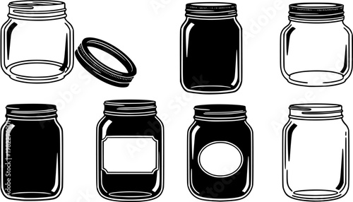 Flat vector illustration set of empty mason jars in various states, including open, closed, with lids, labels, and a, isolated on white background
