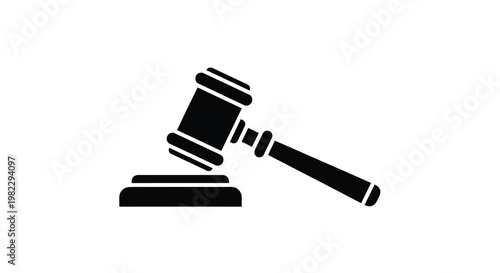 A stark black silhouette depicts a gavel resting on a sound block symbolizing justice and authority