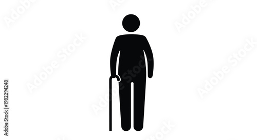 A simple black silhouette depicts an elderly person using a walking cane for support high quality