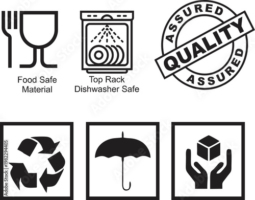 Eco friendly icons, dishwasher safe symbols, food grade material labels, quality assurance marks, recyclable product signs