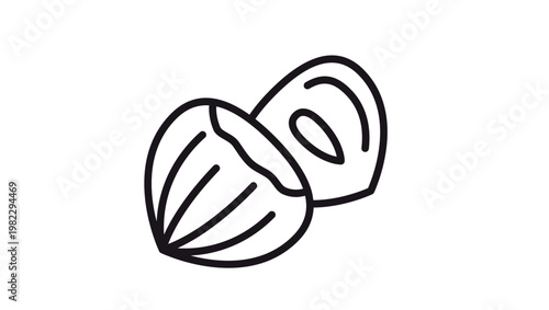 Minimalist black line art vector icon of a whole hazelnut and a cracked nut showing the kernel inside, isolated on white. Clean graphic illustration for food, healthy snack, and ingredient design