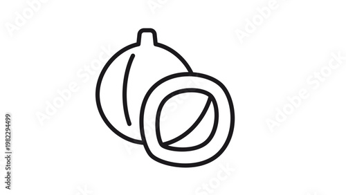 Minimalist black line art vector icon of a whole and half coconut, perfect for tropical food, organic product branding, healthy lifestyle graphics, and summer-themed design projects.