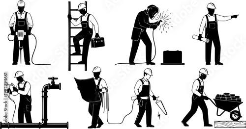 Flat vector illustration of various construction workers and tradesmen silhouettes in hard hats performing tasks like, isolated on white background
