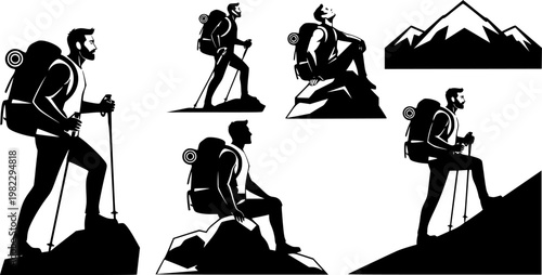 Flat vector black and white silhouettes of a rugged male hiker with a backpack, in various poses on an outdoor, isolated on white background
