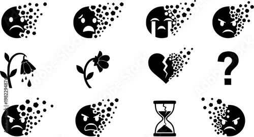 Flat vector illustration of black silhouette emojis and symbols disintegrating into fragments, depicting emotional, isolated on white background
