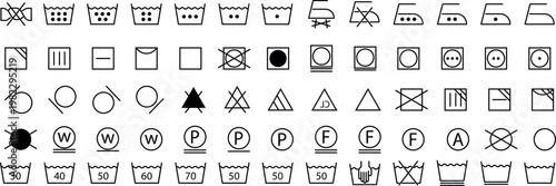 Laundry Care Symbols Vector Set Black Line Washing Ironing Drying Instructions Icons