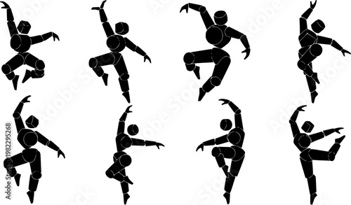 Abstract black geometric characters with human like limbs performing various dynamic poses, including jumping, dancing,, isolated on white background
