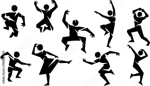Abstract black geometric characters with human like limbs performing various dynamic poses, including jumping, dancing,, isolated on white background
