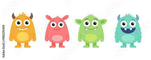 Cute colorful cartoon monsters set with funny expressions. Friendly fantasy creatures isolated on white background.
