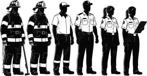 Professional Firefighters in Protective Turnout Gear Standing with Paramedics and Emergency Medical Technicians in Uniform Silhouettes on White Background Isolated
