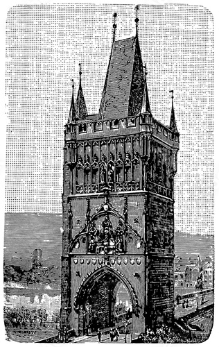 Medieval Old Town Gate in Prague, 1451. Vintage illustration.