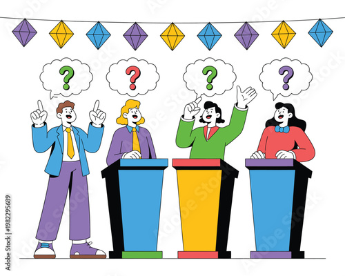 Debaters stand at podiums with questions.