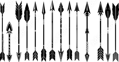 Diverse stylized black silhouette arrows, unique fletching, varied arrowheads, and distinct shaft designs, some with, isolated on white background
